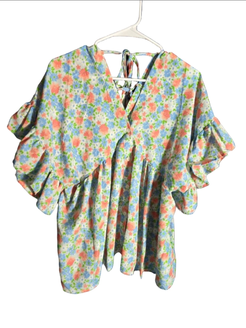 Women's BEULAH Floral Blouse size ALL White Blue Pink Ruffle Sleeve cottagecore